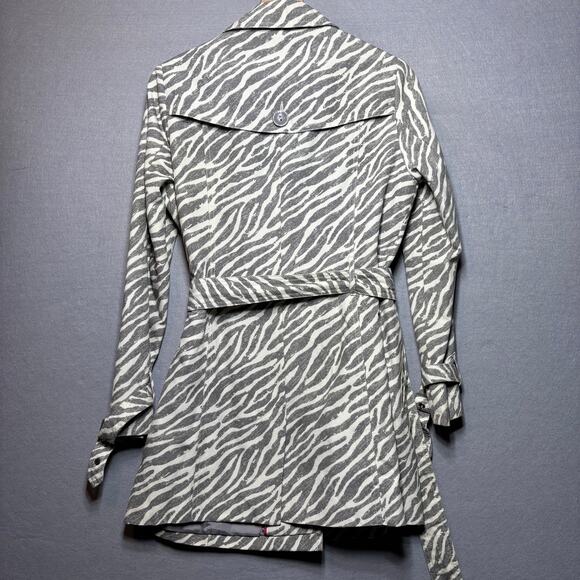 Relativity Short Trench Coat S Gray Zebra Print Belted Statement Retro Glam Chic - Picture 2 of 8